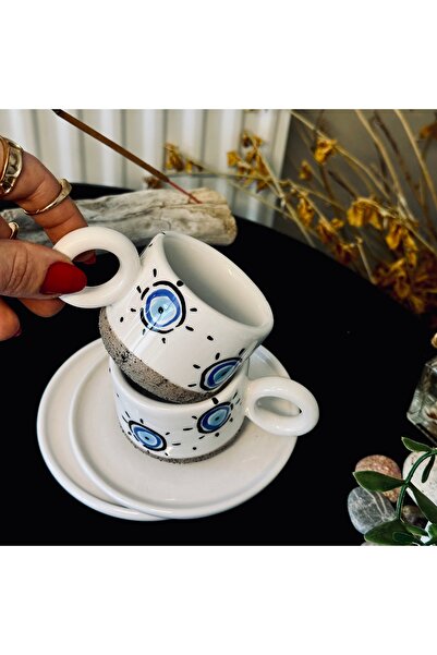 Store El Yapımı Seramik 2 kişilik Nazar Türk Kahvesi Fincanı