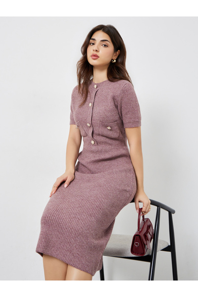 Styli Pink Knit Midi Dress with Button Detail