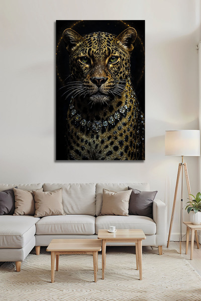 B&G DESIGN Lüks Dekoratif Cam Tablo Kristal Kolyeli Leopar Desenli Modern Duv...