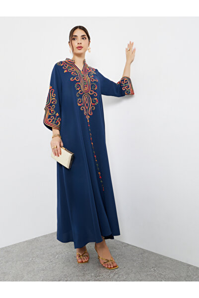 Styli Navy Blue Embroidered Slit Sleeve Jalabiya
