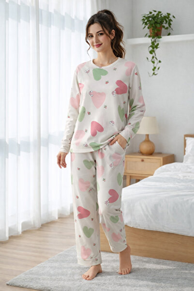 Silona Homewear Renkli Kalp Desenli 3 İplik Şardonlu Pijama Takımı