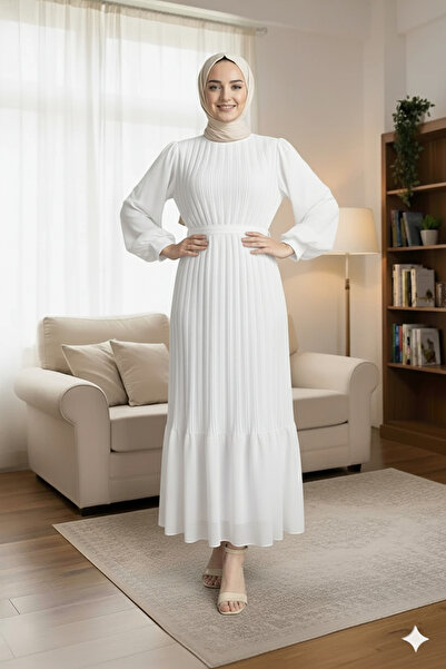 Sura Fashion Piliseli Balon Kol Şifon Elbise