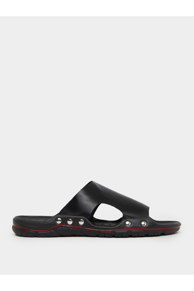 Styli Men Black Leather Slide Sandals