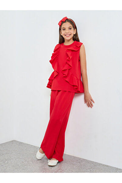 Styli Teens Red Ruffle Blouse and Pants Set
