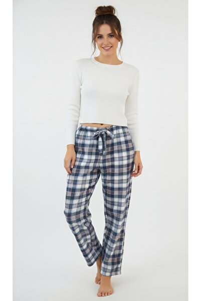 noend Women's Navy Blue Plaid Patterned Two Thread Pocketless Relaxed Fit Cot...