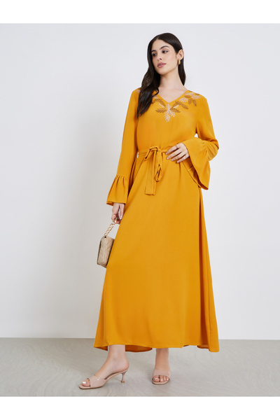 Styli Women Yellow Embroidered Flounce Sleeve Jalabiya