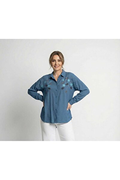 LOVE PAPATYA İŞLEMELİ TAŞLI KETEN GÖMLEK MAVİ RENK M BEDEN