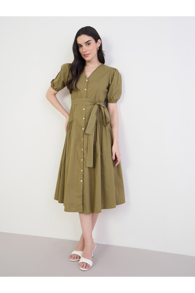 Styli Olive Puff Sleeves Midi Shirt Dress
