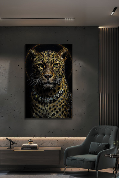 B&G DESIGN Lüks Dekoratif Cam Tablo Kristal Kolyeli Leopar Desenli Modern Duvar Sanatı