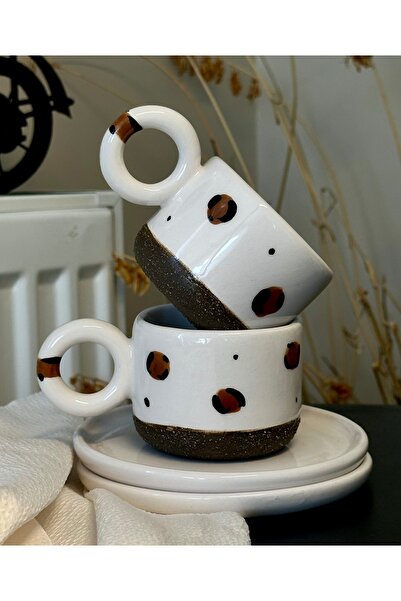 Store El Yapımı Seramik 2 Kişilik Leoparlı Türk Kahvesi Fincanı