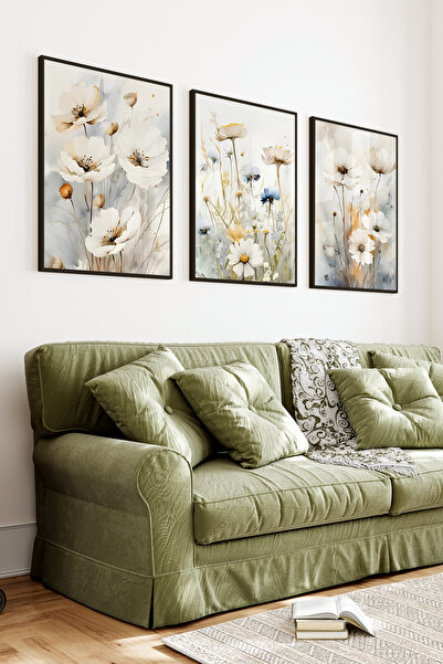 kutuTR Siyah Çerçeveli 2D UV Baskı 3’lü MDF Tablo Set – Beyaz Papatya Ve Soft...