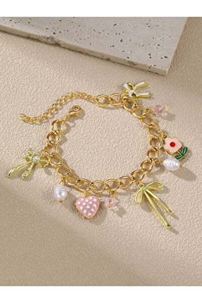 Take Two By Styli Heart Bow Floral Faux Pearl Charm Bracelet
