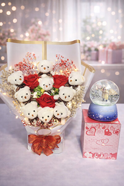 Silver Seasons Işıklı Ayıcıklı Hediye Buketi ve Orta Boy Kar Küresi