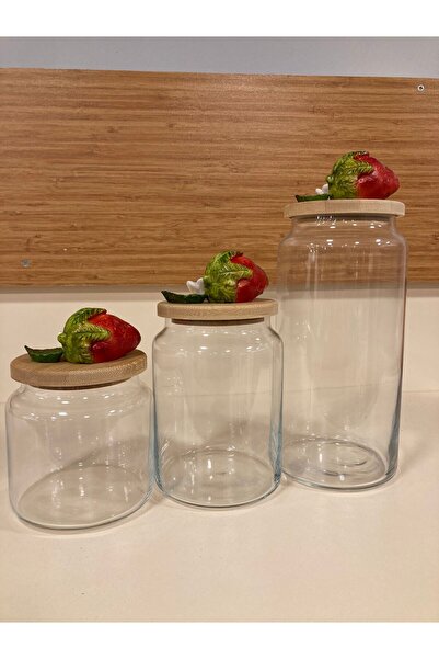 PLUS HOME Jar Set of 3, 3 Sizes, Handmade Porcelain with Strawberry Decoratio...