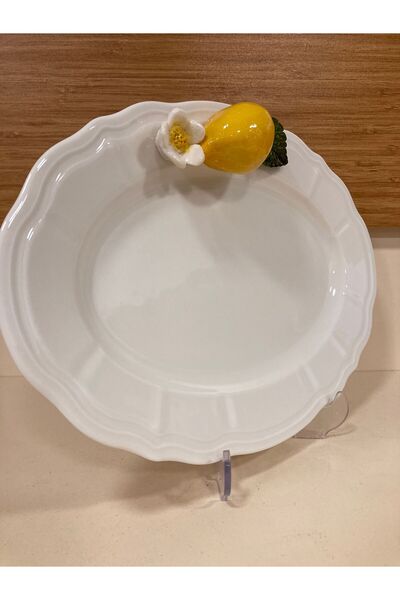 PLUS HOME TABAK OVAL SERVİS EL YAPIMI LİMON DEKORLU PORSELEN 30 CM