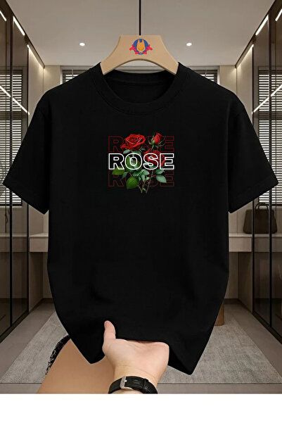 Unisex Erkek/Kadın Rose Gül Özel Baskılı Pamuklu Bisiklet Yaka T-Shirt