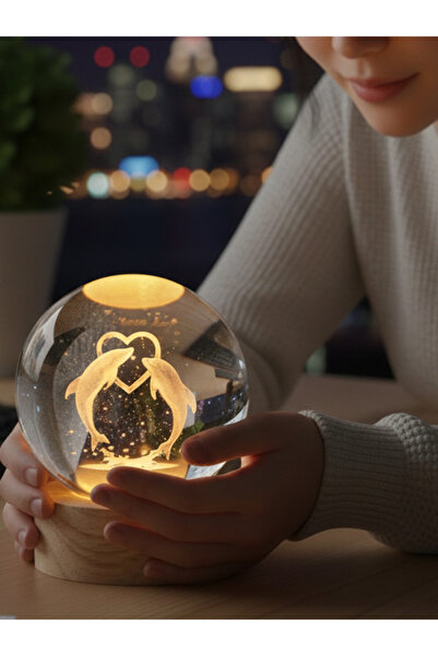 moryconcept Yunus Balığı Model Ahşap Altlıklı USB LED Kristal Cam Küre Gece L...