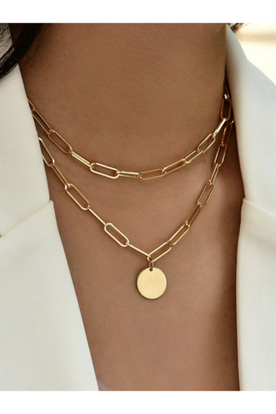Take Two By Styli قلادة ذهبية بسلسلة وقلادة دائرية