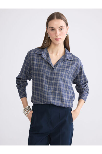 LC Waikiki Lacivert Ekose Kadın Gömlek