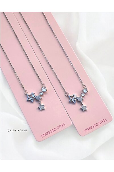 AychaAksesuar Çelik gümüş renk zirkon sarkıt taşlı yıldızlı genç kolye