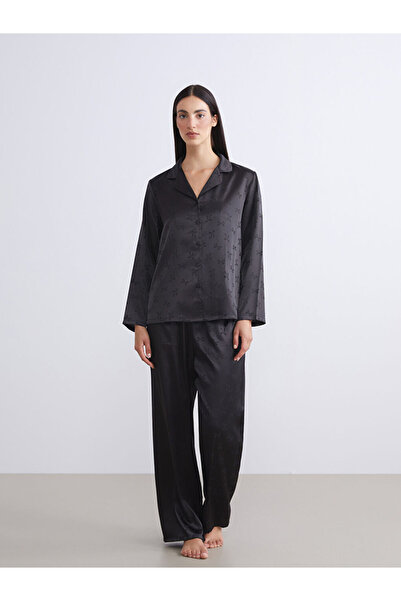 LC Waikiki New Season Sparkling Pieces from Esvab Black Shirt Collar Bow Satin Women's Pajama Set