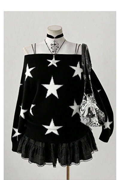 Köstebek Stars Desing Madonna Collar Strap Knitwear Sweater
