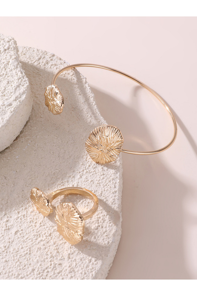 Take Two By Styli طقم من قطعتين - سوار وخاتم ذهبي مفتوح غير منتظم