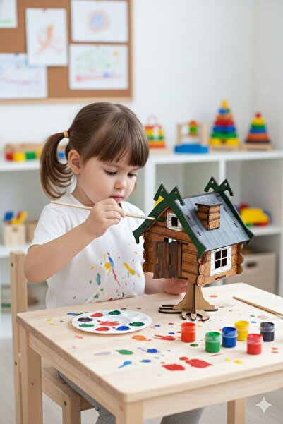 Giftölye Ahşap Maket Ağaç Ev Boyama Seti + 6 Renk Akrilik Boya Ve Fırça - El Becerisi Geliştirici