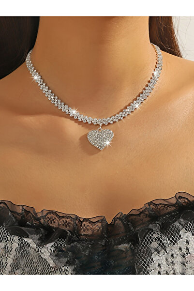 Take Two By Styli Sparkling Silver Heart Pendant Necklace