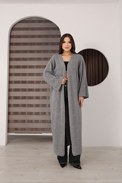 bacc Women's Gray Double Sleeve Oversized Long Loose Knitwear Cardigan Bces-2...
