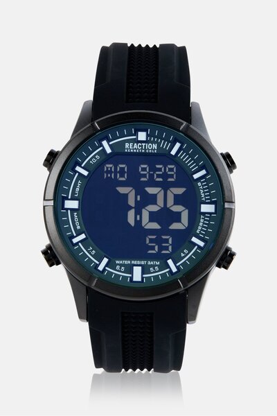 Kenneth Cole ساعة رياكشن الرجالية الرقمية المصنوعة من السيليكون KRWGP7007805، مقاس 45 مم، لون أسود