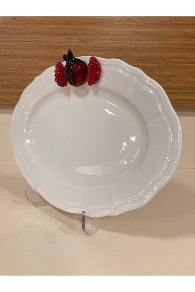 PLUS HOME Presentation Plate Porcelain Handmade with Popped Rhubarb Decoration 30 cm