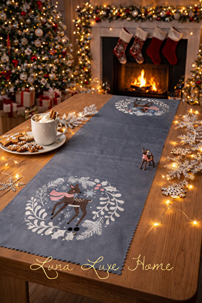 Luna Luxe Home Yeniyıl Özel Tasarım Yılbaşı Temalı Dijital Baskı Kadife Kumaş...