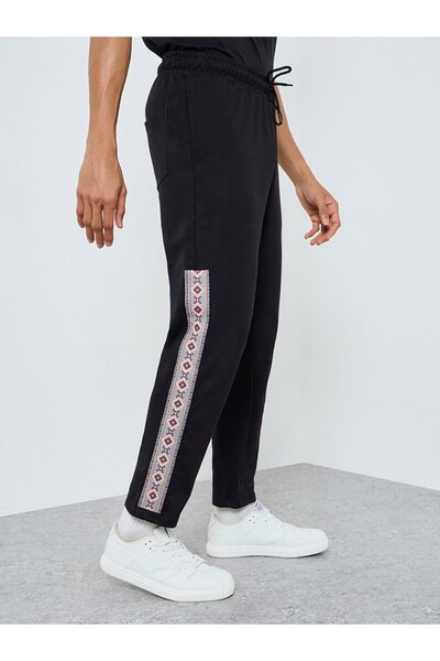 Styli Men Black Joggers with Ethnic Print Side Stripe