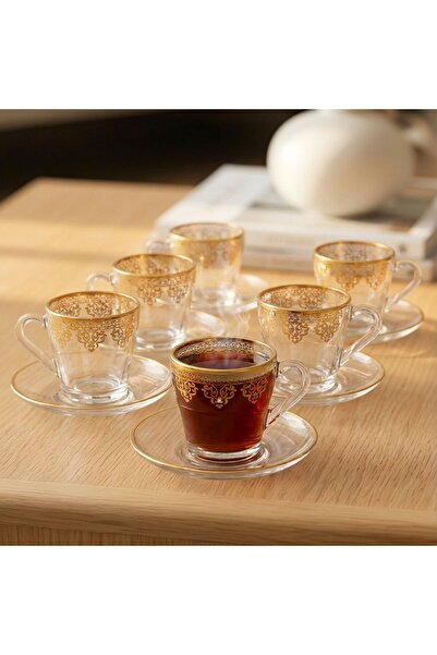 FAIR HOME Ottoman Boncuk Detaylı Altın Yaldızlı – El Boyama 6 Kişilik Cam Çay...