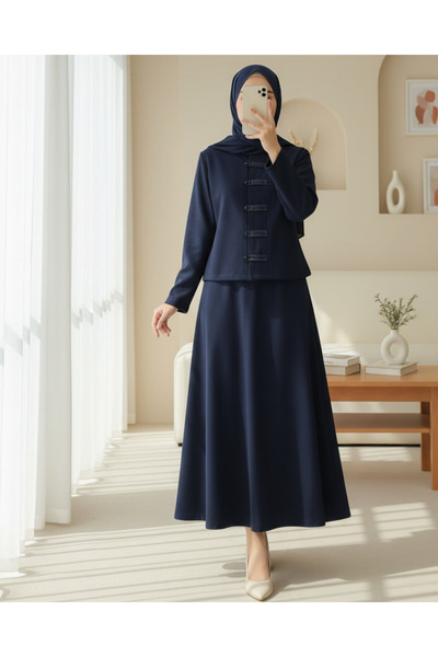 Modamorfo Leather Detailed Buttoned Front Skirt Thessaloniki Suit - Navy Blue