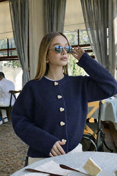 orjinal blue b Women's Knitwear Cardigan with Heart Button Detail