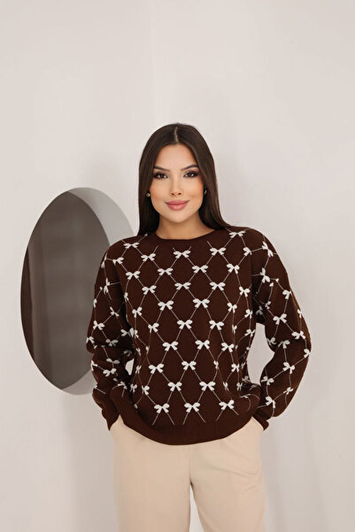 bacc Women's Brown Crew Neck Bow Knit Sweater Bces-253012