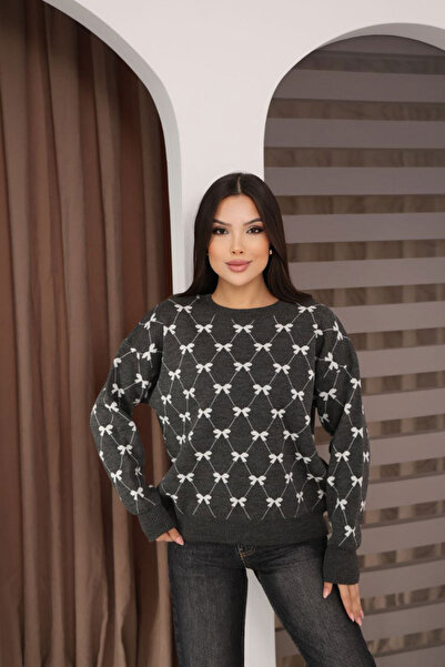 bacc Women's Anthracite Crew Neck Bow Knit Sweater Bces-253012