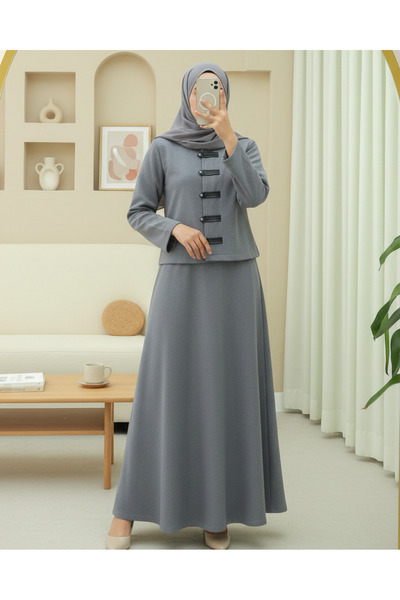 Modamorfo Leather Detailed Buttoned Front Skirt Thessaloniki Suit - Gray