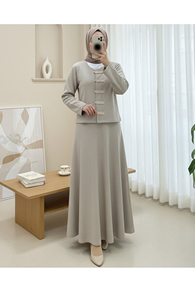 Modamorfo Leather Detailed Buttoned Front Skirt Thessaloniki Suit - Stone
