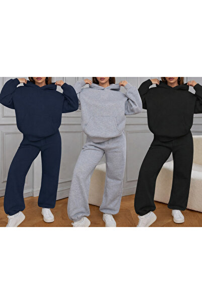 NAKRUF Set of 3 Women's Oversized Winter Tracksuit Set Black Gray Navy Blue – Comfortable Fit Hooded