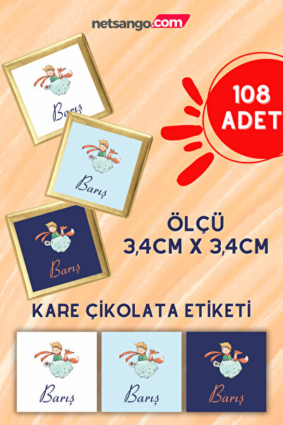 Netsan Etiket Küçük Prens Desenli 108 Adet Çikolata Etiketi 3,4cm Kare İsme Özel