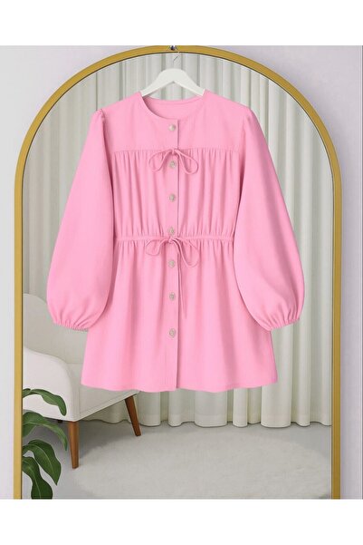 Modamorfo Stone Buttoned Shirt with Elasticated Sleeves and Tie Detail -Pink
