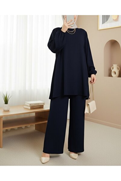 Modamorfo Women's Navy Blue Tunic Pants Bottom Top Set 6663