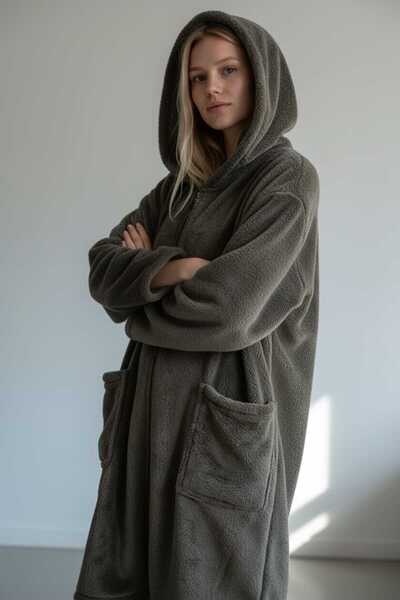 MOONSAND HAKİ Wellsoft Peluş Kapüşonlu Unisex Sabahlık Önden Fermuarlı Sabahlık