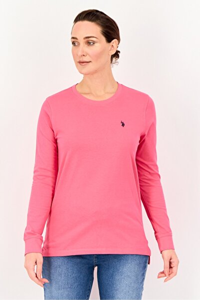 U.S. Polo Assn. Women Crew Neck Embroidered Logo Long Sleeve T-Shirt, Pink