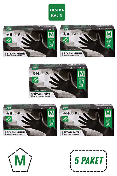 Has-Pet Ekstra Kalın Siyah Pudrasız Nitril Eldiven Medium 50'Li 5 Kutu