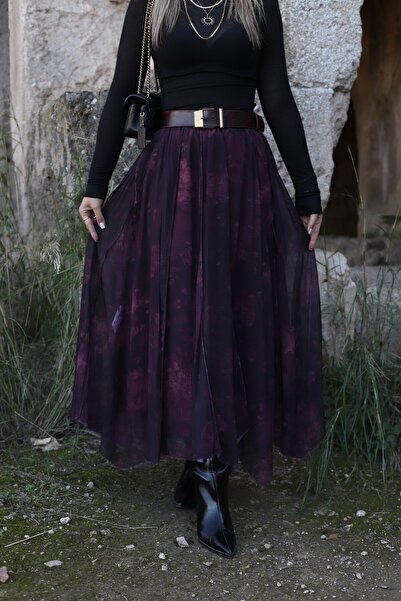 bytugcekaya Plum Patterned Chiffon Skirt with Elastic Waist