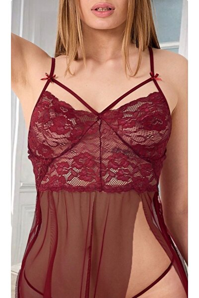 Bluewhs Γυναικείο νυχτικό με δαντέλα μπορντό με λουράκια από τούλι